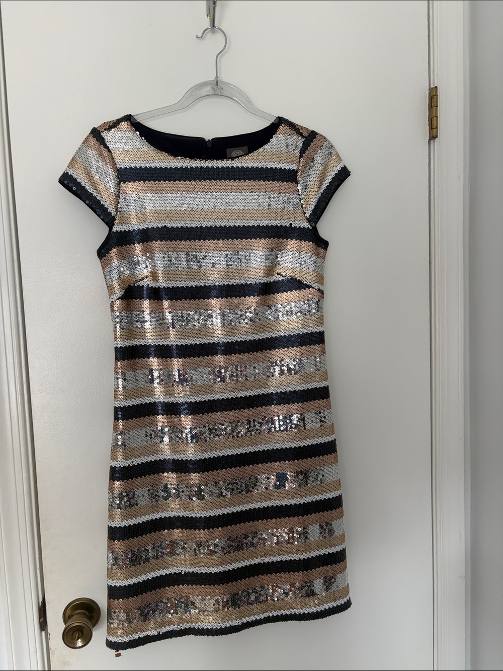Vince Camuto Striped Sequin Shift Dress in Black, Rose Gold, and Silver
